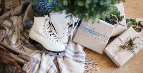 Gifts, presents and white children skates