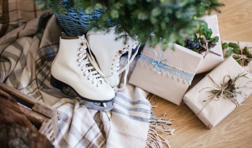 Gifts, presents and white children skates